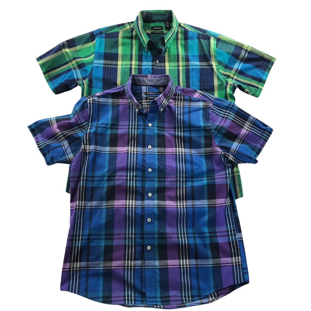 2 Van Heusen Mens Dress Shirt Large 16-16.5 Neck Lot Of Two Plaid Casual Classic